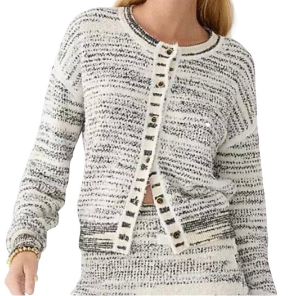 J. Crew Spacedyed Textured Cardigan Sweater Size M Black Natural Ivory